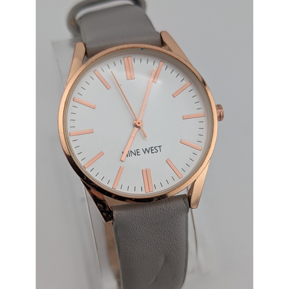 Nine‎ West Women's Watch 37mm Rose Gold Case Gray Leather Band- New Battery